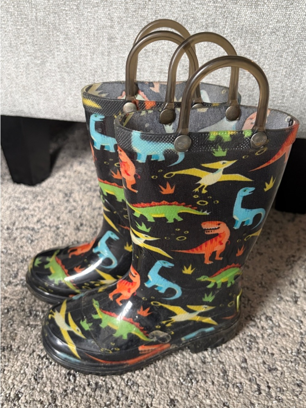 Western Chief Toddler Size 8 Black Rain Boots with Colorful Dinosaur Print